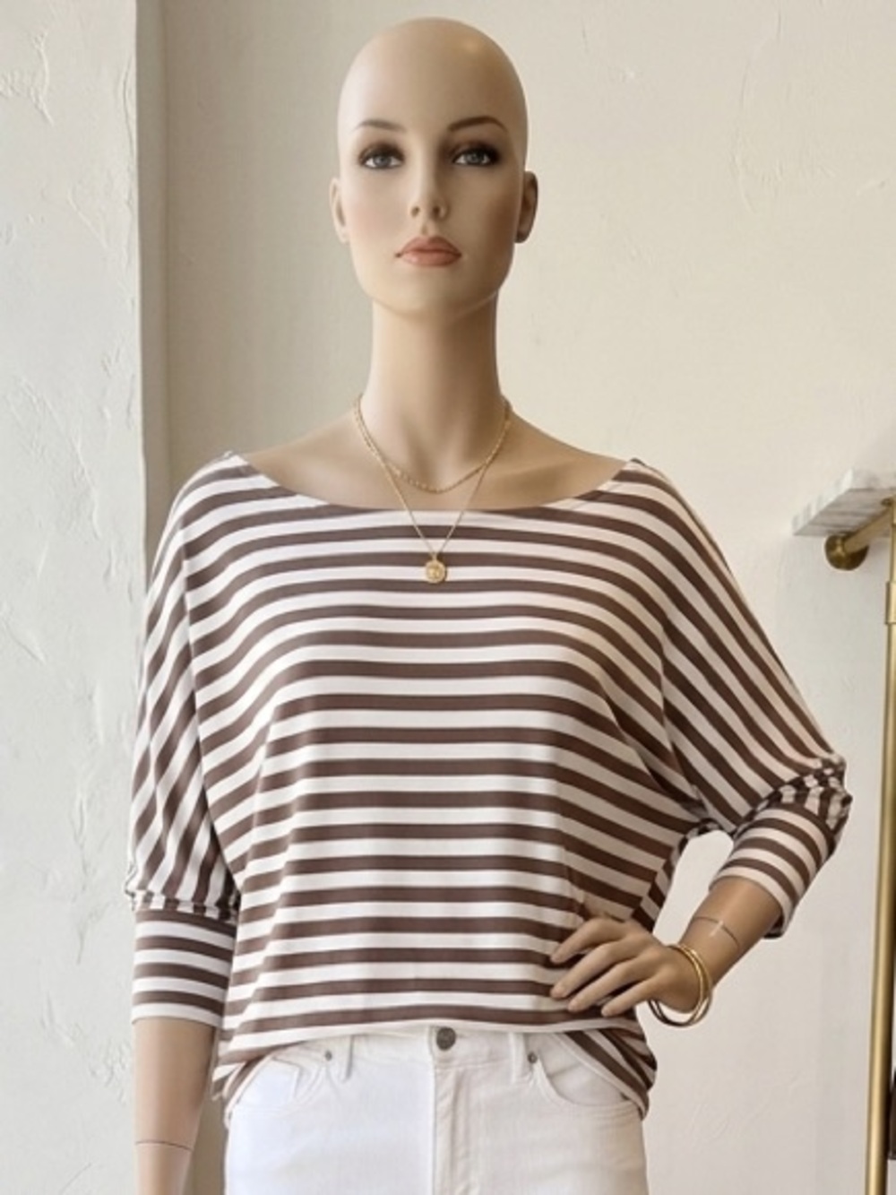 bobeau Brown and White Striped Boatneck Top